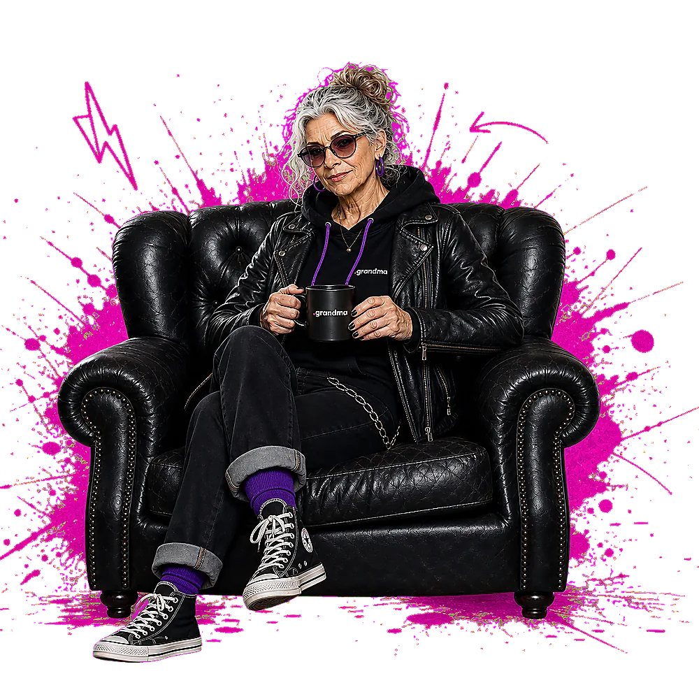 GrandMa in an armchair with a coffee mug