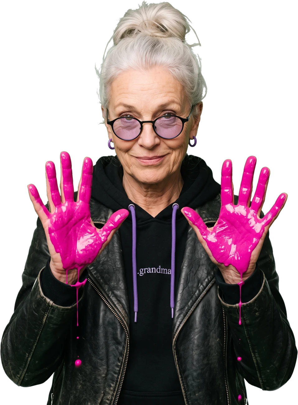 GrandMa with both palms covered in magenta paint