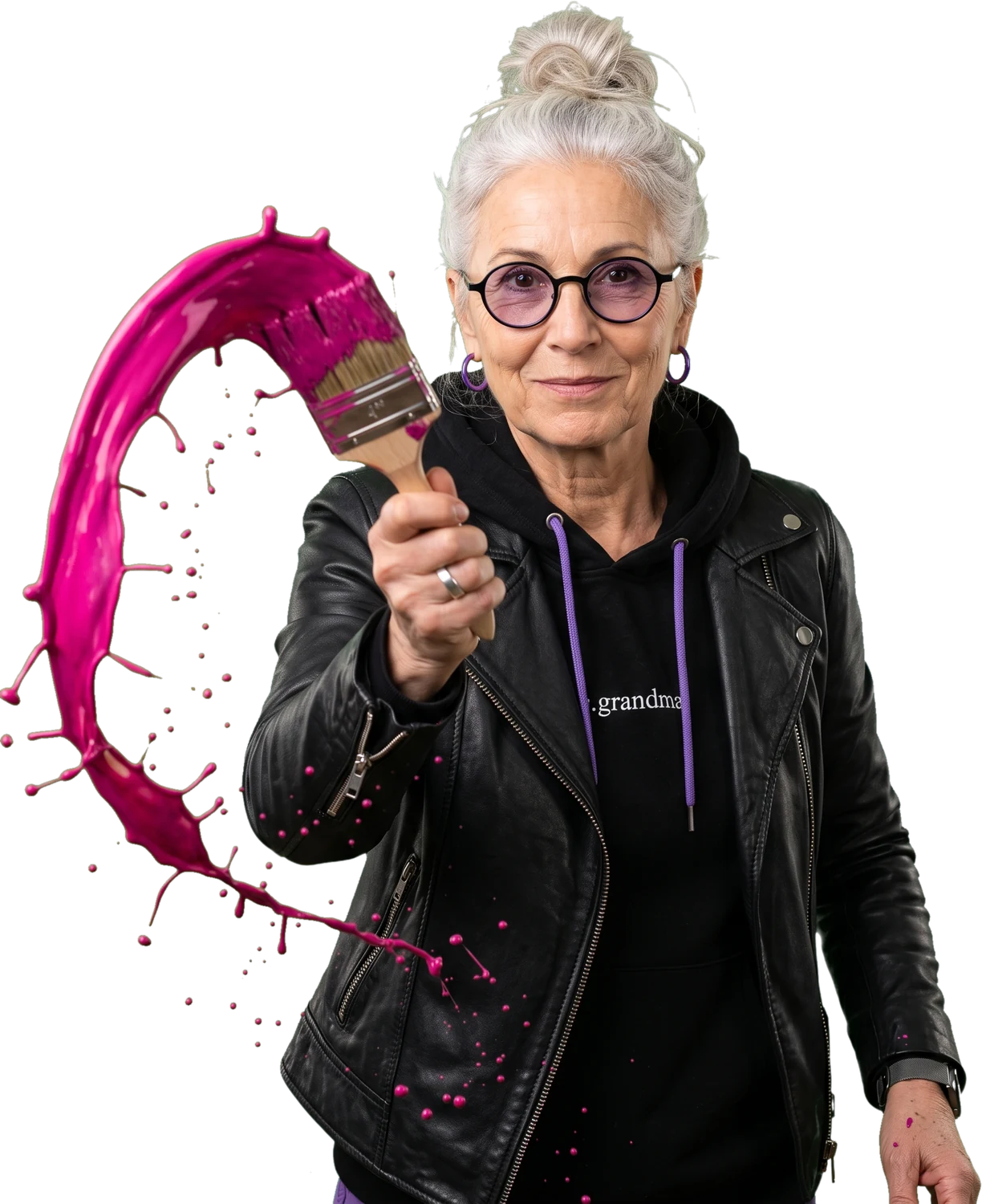 GrandMa — the agency character flicking a brush of magenta paint
